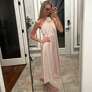 Elegant Cream Halter Dress with Floral Detail